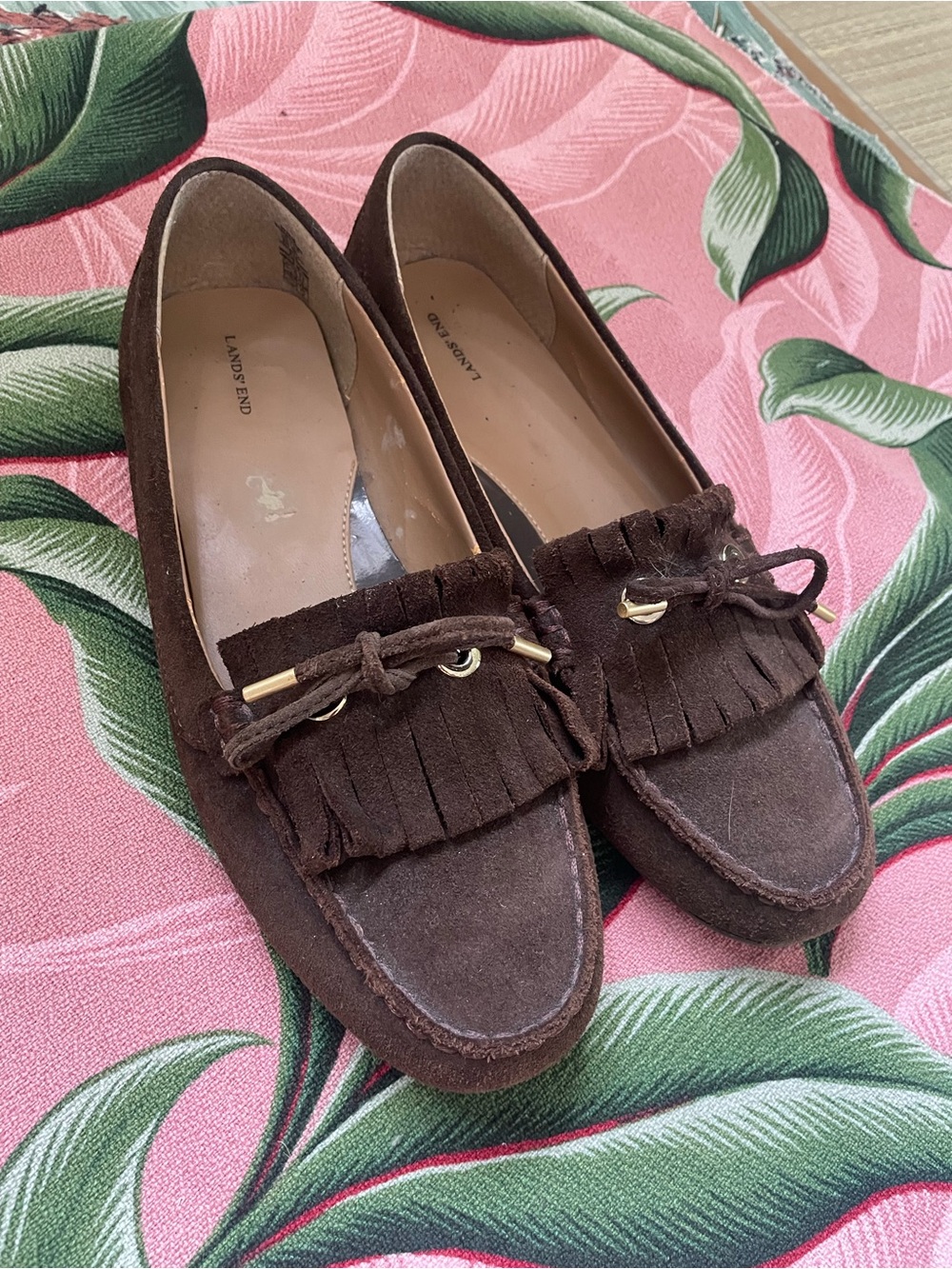 Lands' End Fashionable Dark Brown Suede Fringe Loafers with Tassel Detail